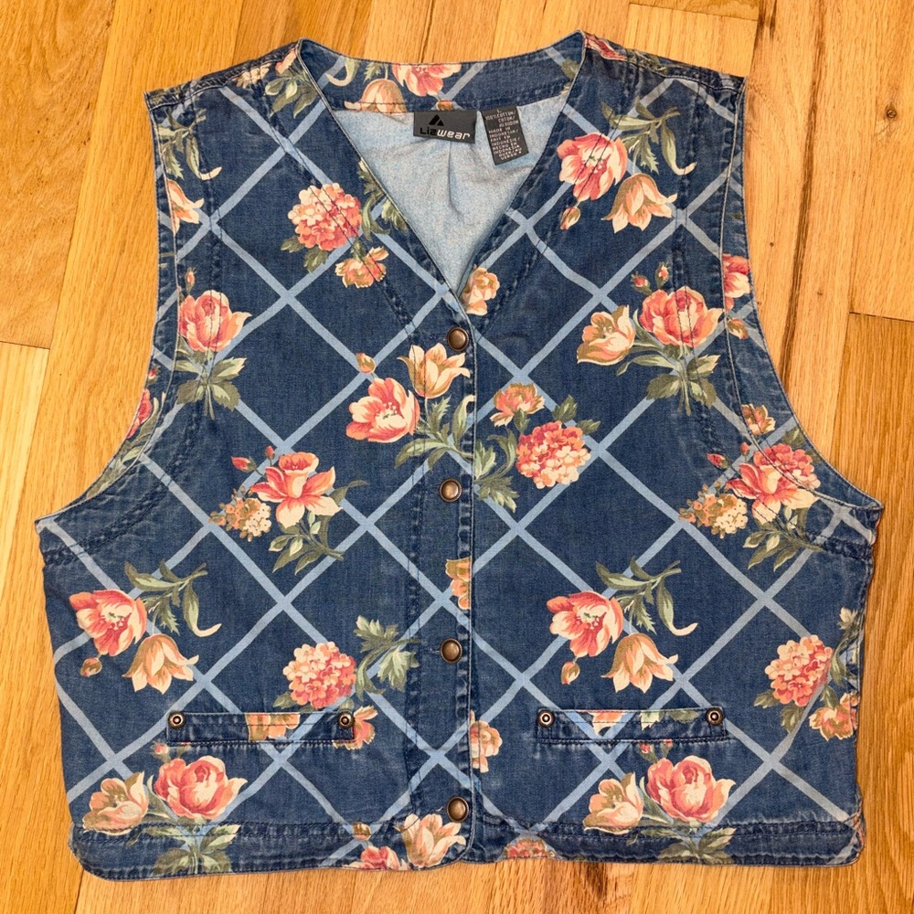 Liz Wear Denim Vest Floral Vintage Liza Claiborne Size Large
